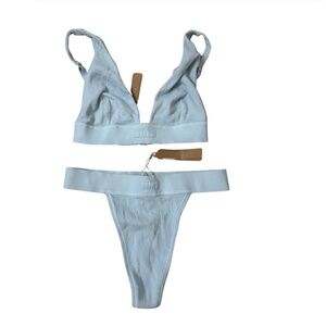 Skims Cotton Rib Plunge Bralette and Thong Set in Opal